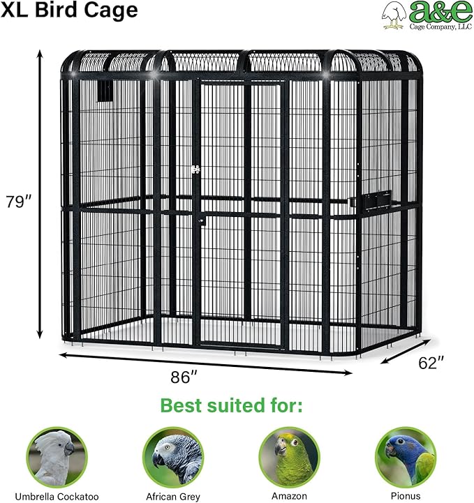A&E Cage Co WI8662 Black Walk-in Bird Aviary – 86" x 62" x 79" Large Parrot Cage with Front Door – Includes 3 Feeder Doors, Stainless Steel Bowls & Durable Powder Coated Finish