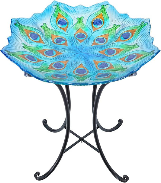 MUMTOP Outdoor Glass Birdbath with Metal Stand for Outside Yard Garden Decor, 18 inch Diameter Peacock Bird Baths Bowl for Outdoors, 21.65 inch Height
