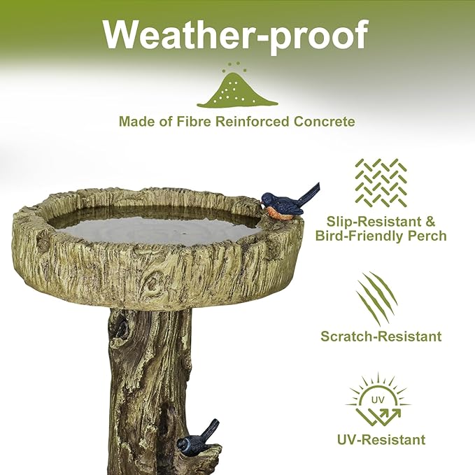 SKYFIRE Bird Baths for Outdoor - 24.4" Tall Pedestal Birdbath with Bird, Fibre Reinforced Concrete with Woodland Tree Trunk Décor Modern and Durable,Bird Bath for Outside, Garden, Patio,Lawn,Backyard