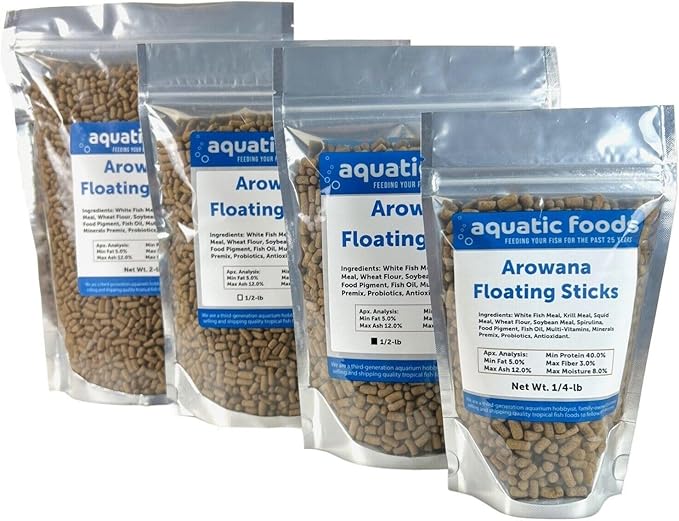 Arowana 3/16" x 3/8" 40% Protein Floating Sticks for Arowana, Oscars, Flower Horns, Red Parrots All Central and South American Cichlids...WL…1/4-lb Foil Pouch Bag
