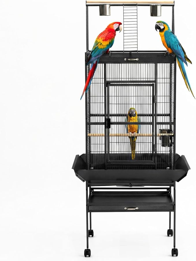 GarveeHome 69" H Bird Cage, Metal Birdcage with Play Top, Rolling Stands, Feed Bowls, Wide Tall Parakeet Cage for Parrots, Conures, Cockatiel, Cockatoo, Black