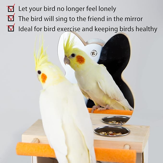 Parrot Mirror Toy with Stainless Steel Feeding Cups Bird Wooden Frames with Cage Perch for Small Parakeets, Cockatiels, Conures, Finches,Budgie,Macaws, Parrots, Love Birds