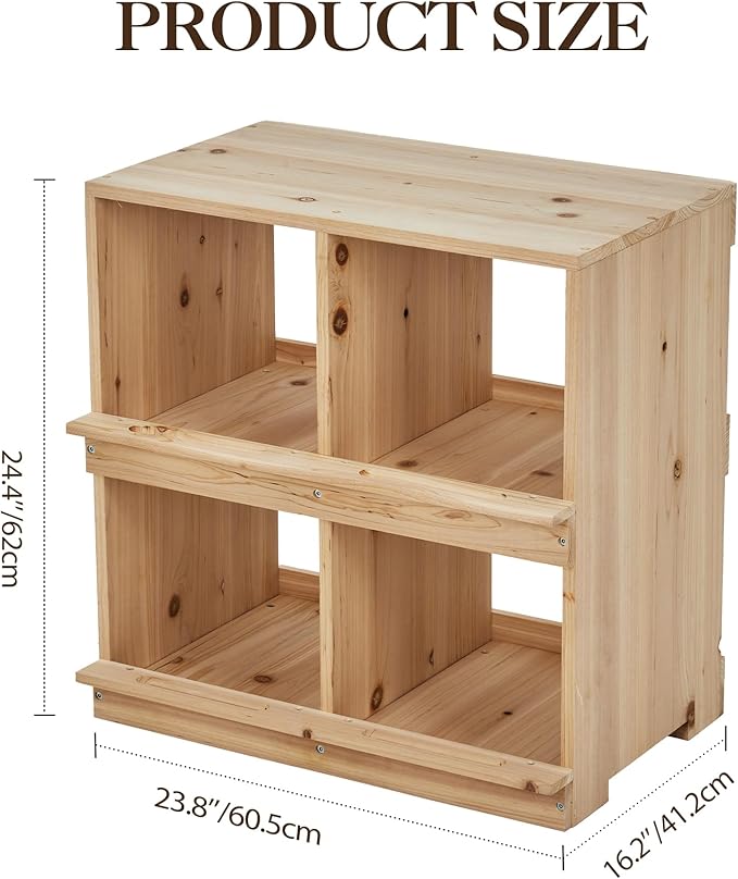 Wooden Chicken Nesting Box, Double-Deck with 4 Compartments, Wall-Mounted or Ground-Placed Nesting Box for Hens with Egg-Roll-Proof Design, Egg Collection Design, Perch, Natural Wood, Sun-Proof
