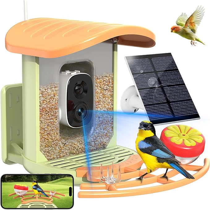 Bird Feeder with Camera, 2K HD Camera Birds Feeder with AI Bird Recognition, Solar Powered Smart Birdfeeder with App Control, Color Night Vision, Gift Box Package, Easy Install & Family Sharing
