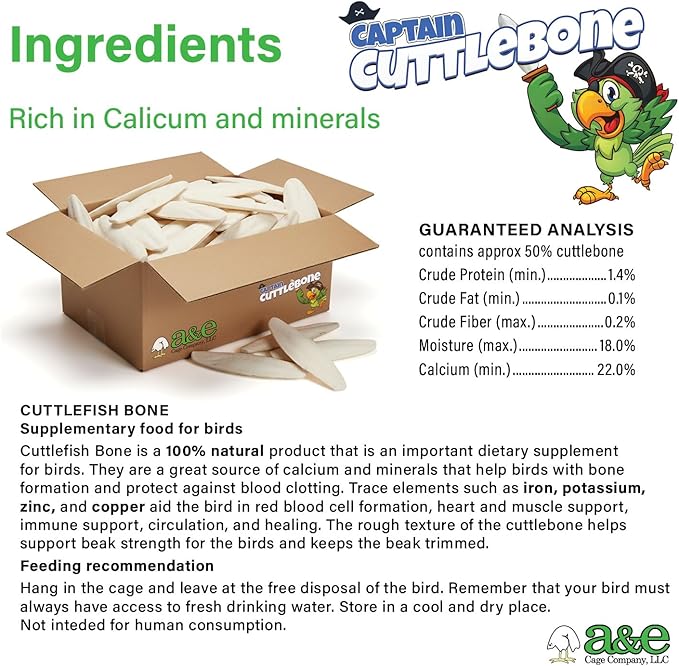 A&E Cage Company Captain Cuttlebone AE9012 Natural Bird Cuttlebone – 5lb Bulk Box of 6–8" Cuttlebone Pieces – Calcium Supplement for Parakeets, Budgies, Finches, Canaries, Lovebirds & Small Birds