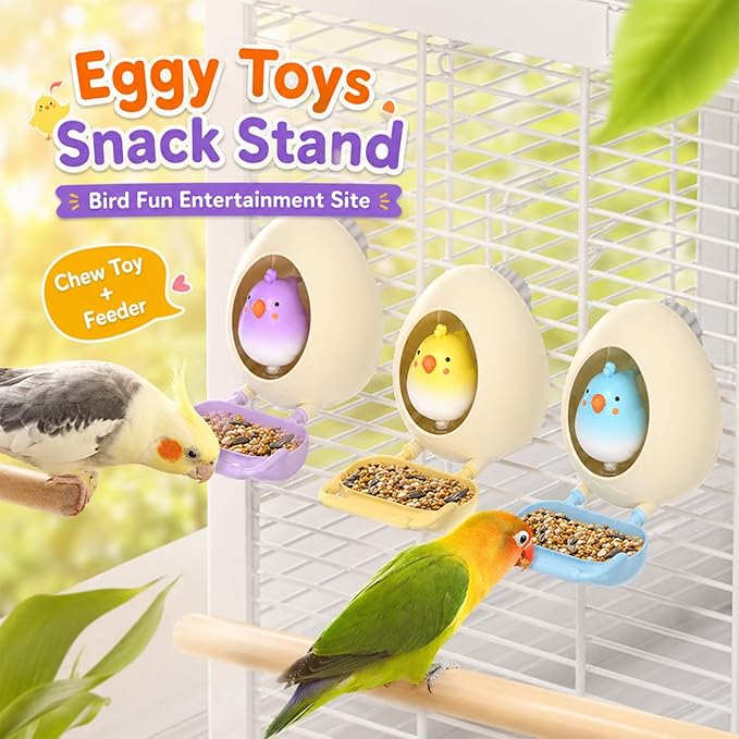 Egg Bird Feeder Chew Toy,Interactive Hanging Bird Cage Toy with Food Tray,Spring Chick Foraging Toy,Bird Cage Accessories for Parakeets,Cockatiels & Lovebirds(Yellow)