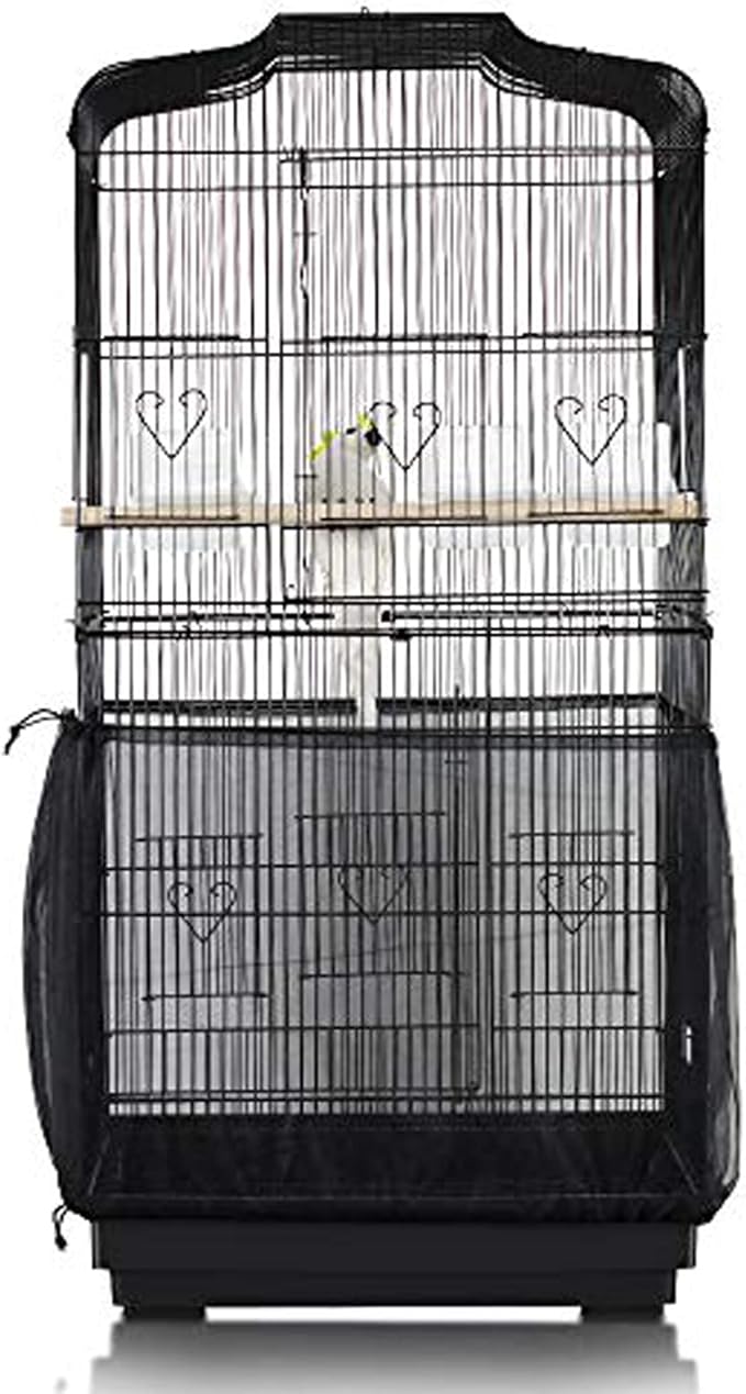 Bird Cage Seed Catcher, Large Airy Gauze Bird Cage Cover Guard, Adjustable Birdcage Nylon Mesh Net Cover (XL-118x32 in, Black)