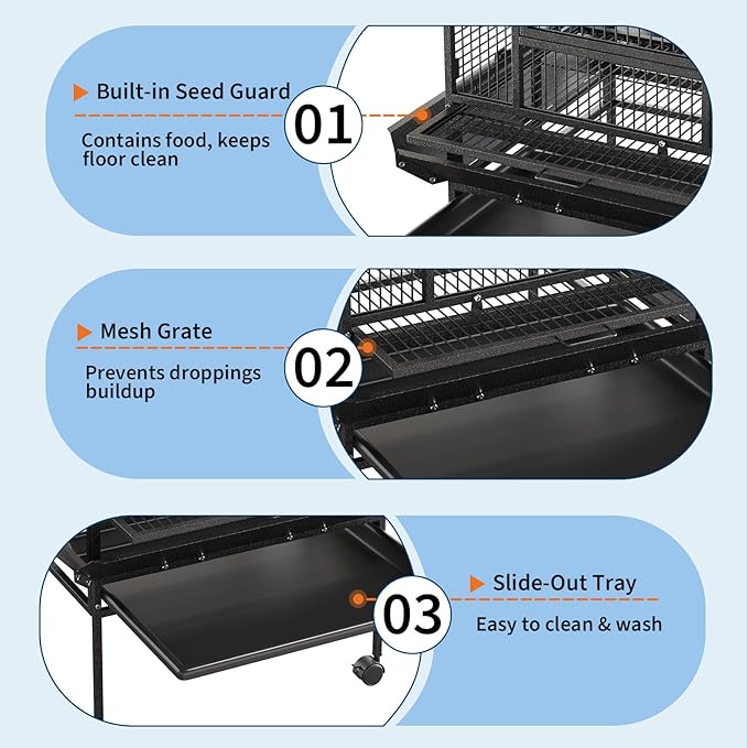67-Inch Playtop Wrought Iron Large Parrot Bird Cages with Rolling Stand for Cockatiels Parrot Quaker Conure Parakeet Lovebird Canary Small Medium Parrot Cage Birdcage, Black