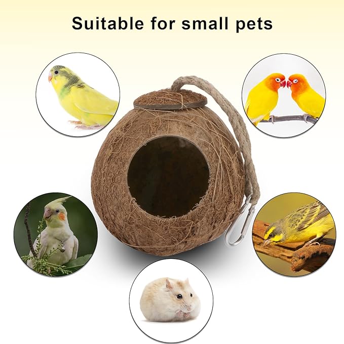 Hypeety Natural Coconut Shell Bird Nest House Hut for Pet Parrot Canary Finch Pigeon Cage Hamster Rat Gerbil Mice Cage Seed Feeder Toy (with Sturdy Hook)