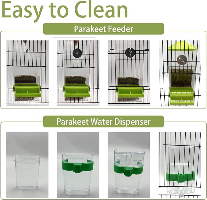 No Mess Bird Feeder for Cage,Automatic Parakeet Feeder with Perch Anti-Splash Bird Food Dispenser for Cage for Parakeet Lovebirds Cockatoo Budgie (Green)