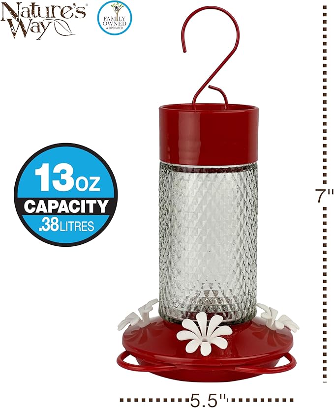Nature's Way Hanging Glass Hummingbird Feeder for Outdoor Décor, 13 Ounce Capacity Nectar Feeder, Ant Moat, 4 Easy to Clean Flexible Ports, Red