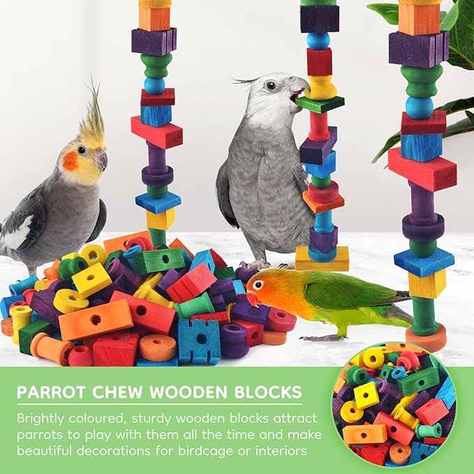 DBNESS Bird Toys for Parrots, 200 Pcs Colorful Multi-Shaped DIY Wooden Blocks Craft, Natural Parrot Chew Training Foot Toy for Amazon African Grey Cockatiels Conure Monk Parakeet