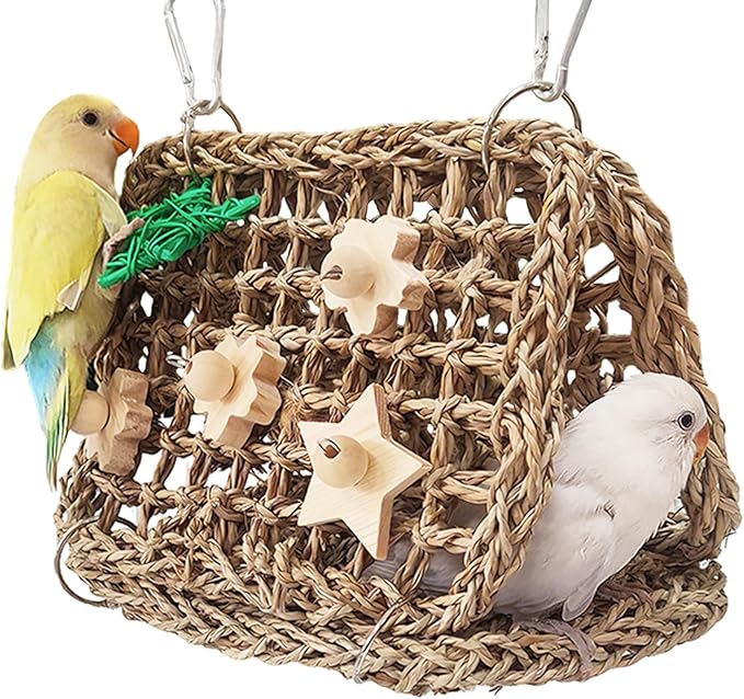 Seagrass Handwoven Bird Bed for Cage, DIY Parakeet Nest & Climbing Ladder, Breathable Bird Hammock Tent, Hut Hideout for Parakeets, Lovebirds, Budgies, Cockatiels(SJ)