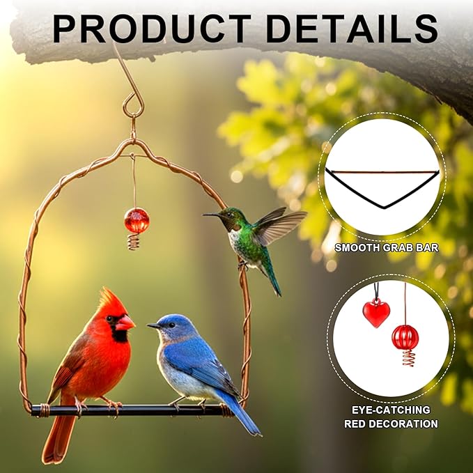 LemonRoad 2 Pcs Hummingbird Swing Bird Swings Metal Frames Birdie Swing with Red Decor Copper Hummingbird Perch with Iron S Hooks for Hanging Indoor Outdoor Trunk Lawn Patio Garden