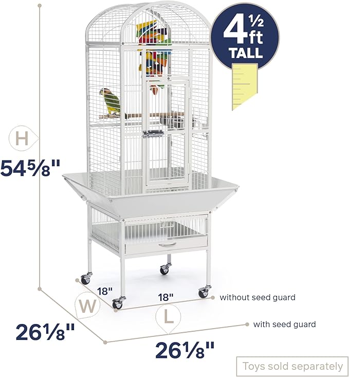 Prevue Pet Products Dome Top Bird Cage - Powder‑Coated Steel Cage with Wheels, Push Button Locks, Seed Guards and Perch, Ideal for Cockatiels, and All Small-Medium Sized Birds - Chalk White