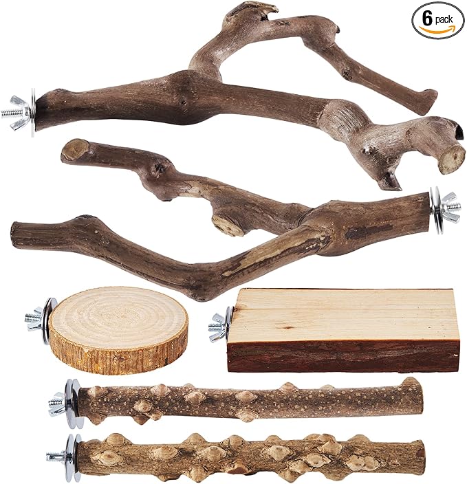 LIMIO 6-Piece Bird Perch Set - Natural Wood Grape Sticks, Paw Grinding Forks, Bird Stand & Toys for Parakeets, Cockatiels, Conure, Budgies