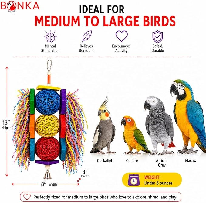 Bonka Bird Toys 1854 Tri Foraging Star 13" x 8" Natural Vine Ball Chew and Shred Toy for Medium to Large Birds Like Conures African Greys Amazons and Similar