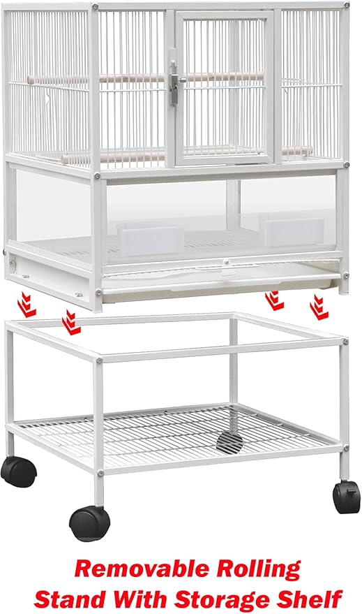 Deluxe Durable Wrought Iron Bird Parrot Flight Cage Sturdy Front Door Side Nesting Doors Acrylic Clear Bottom Prevent Food Spillage Removable Rolling Stand Lockable Wheels