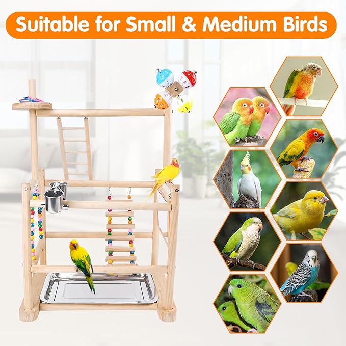 Bird Playground, Parrot Playground Bird Perch Stand 3 Layer Bird Tree Stand with Feeder Cups, Bird Ladder, Parakeet Mirror, Parakeet Toys and Removable Tray for Small to Medium Birds