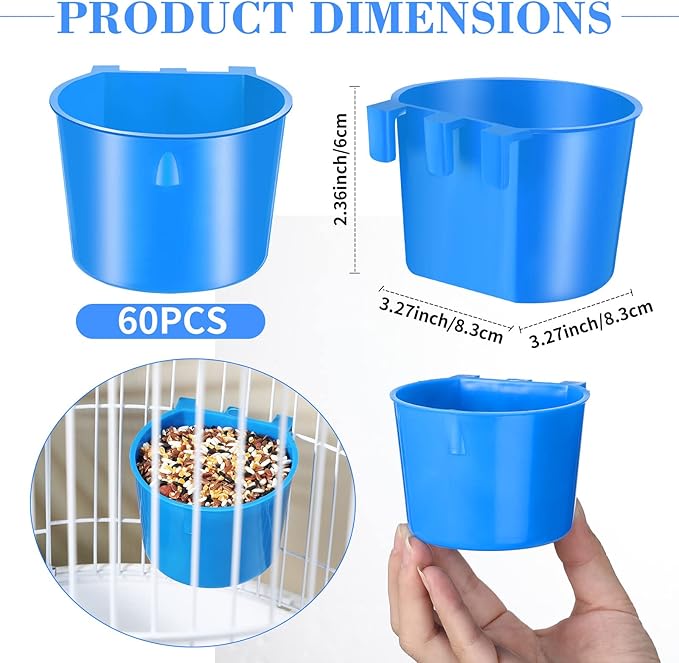 Sumind 60 Pcs Cage Cups Chicken Feeder Birds Hanging Feeders Seed Bowl 8 oz Plastic Water Bowl Hanging Chicken Gamefowl Waterer Feeding Watering Dish Coop Cups for Parrot Parakeet Poultry(Blue)