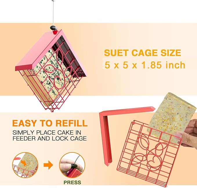 FlowaFoli Suet Bird Feeder, Metal Suet Feeder for Outside Hanging, Single Suet Cake Capacity, Fruit and Suet Feeder Style for Outside Hanging(Red)