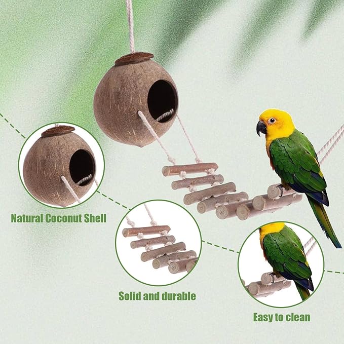 Ladder Nest, Natural Coconut Bird House, Natural Coconut Fiber Shell Bird Nest for Parrot Parakeet Lovebird Finch Canary