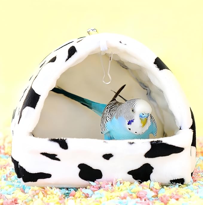 Warm Bird Nest House Plush Birds Hut Bed Hanging Hammock Sleeping Bed Bird Snuggle Cave Hanging Tent for Parrot Parakeet Cockatiel Conure African Grey Macaw-Cow Print