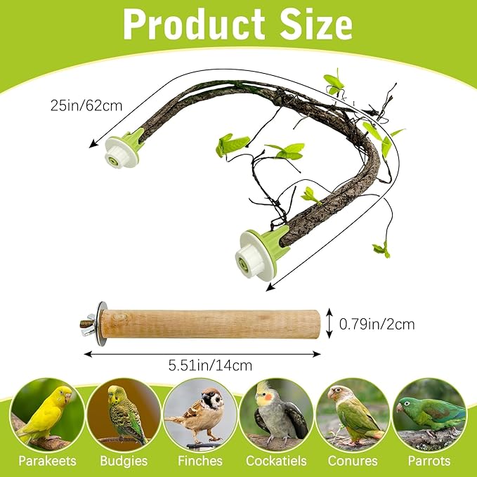 PINVNBY 2 PCS Bendable Bird Perches Simulation Branch Parrot Perch Stand with Green Leaf Hanging Paw Grinding Fork Cage Accessories for Parakeet Budgie Finch Cockatiel Conure (Medium)