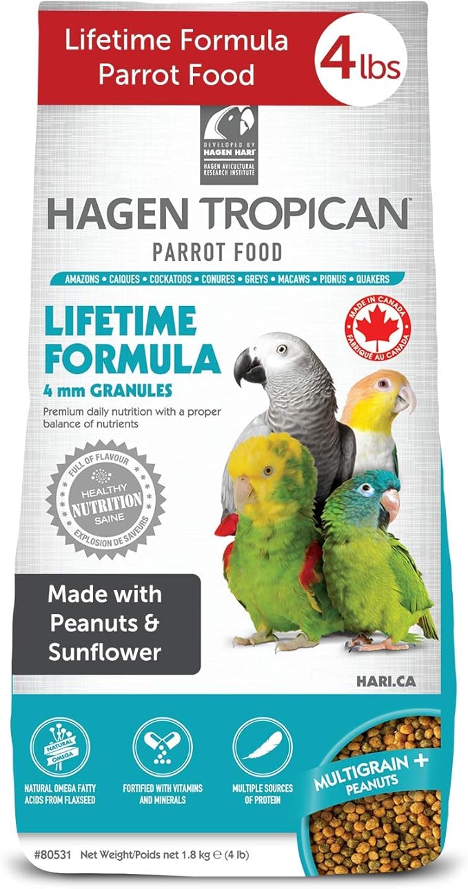 Hagen Tropican Lifetime Formula Parrot Food, 4 lb. - Hari Parrot Food with Peanuts & Sunflower Seeds and Balance Nutrition Levels
