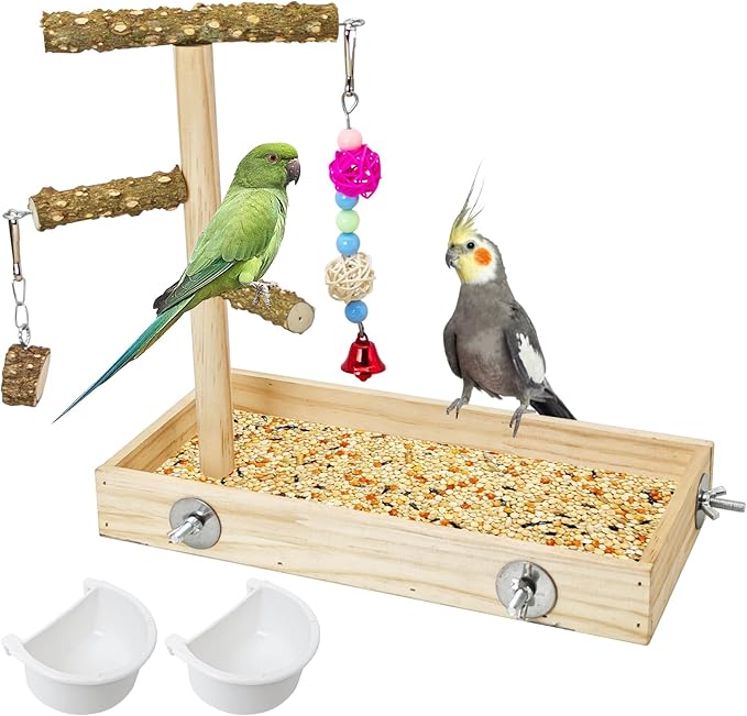BNOSDM Wooden Bird Feeder for Cage Natural Wood Parrot Feeding Cups Bird Food Dish with Perch Stand for Parakeets, Budgies, Cockatiels, Lovebirds, Finches, Pigeons