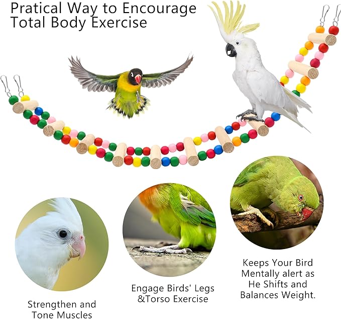 15-Step Bird Ladder Bridge,28.74 x 3.15 inch Raw Wood and Edible Dye,2 Pieces Pet Hamster Climbing Ladder Swing Toys Suitable for Small to Medium Birds,Bird Cage Accessories (15 Ladders -2pcs)