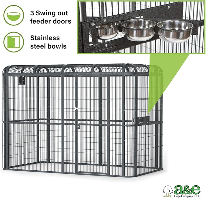 A&E Cage Co WI11062 Black Walk-in Bird Aviary - 110"x62"x79" Large Parrot Cage - Front Door on 110" Side, 3 Swing-Out Feeder Doors, Stainless Steel Bowls