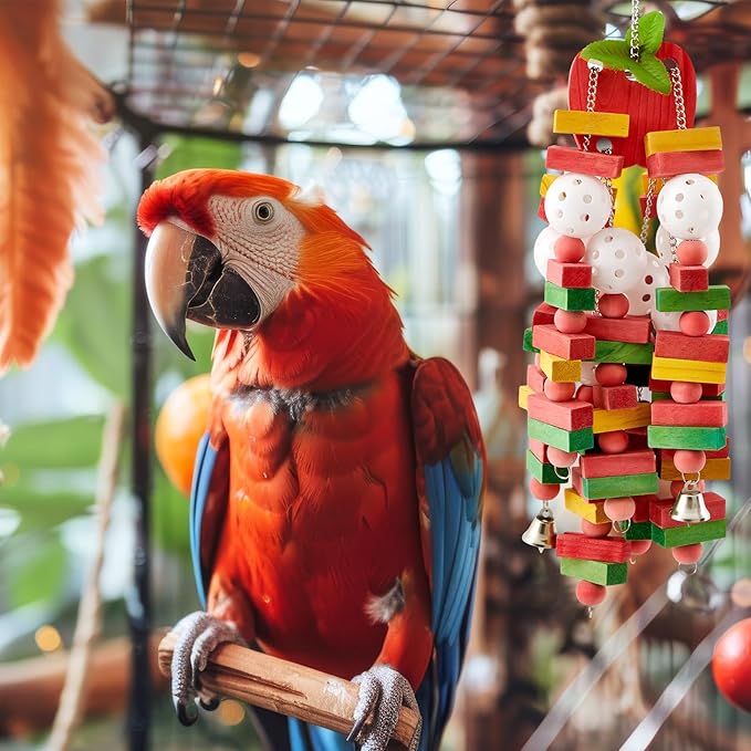 Seenelling 3 Pcs Extra Large Bird Parrot Toy Multicolored Natural Wooden Parrot Cage Chewing Toys for Large Medium Macaws Cockatoos African Grey Birds (Block and Rope)