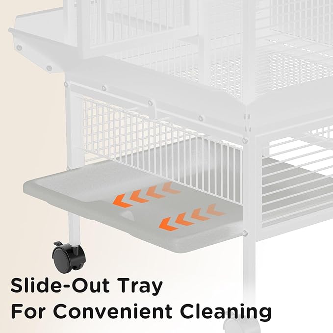 Spacious 60 Inch Wrought Iron Bird Cage with Rolling Stand – Playtop Design, 4 Stainless Steel Bowls, Slide-Out Tray – Parrot Cage for Cockatiel, Conure, Budgie, Lovebird, Canary – White