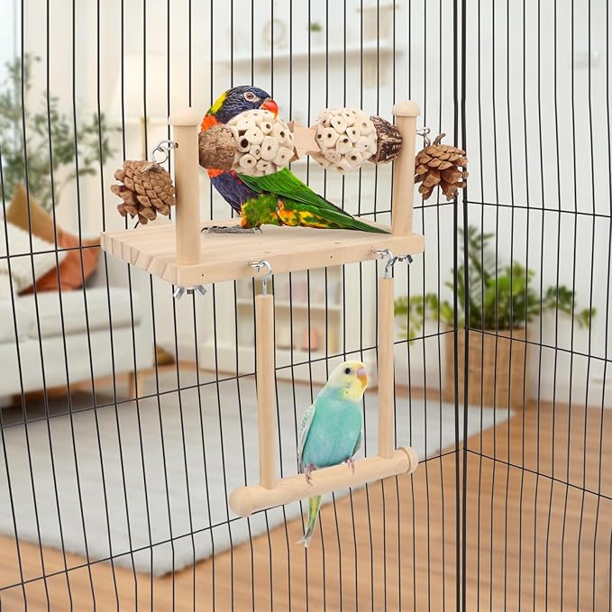 Litewoo Bird Perch Wooden Platform Bird Swing Chew Toys Play Gyms Exercise Stands Hanging Parrot Swinging Perches Conure Cage Accessories for Parrot Parakeet Conure Lovebirds Budgie (Two Sola Balls)