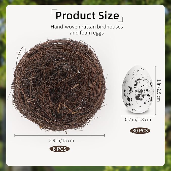 36 Pcs Artificial Bird Nests with Eggs for Crafts,Handmade Natura Rattan Birds Nest for Easter, Wedding, Home, Party, and Christmas Tree Decorations(6Pcs 5.9in Nest 30pcs Eggs)
