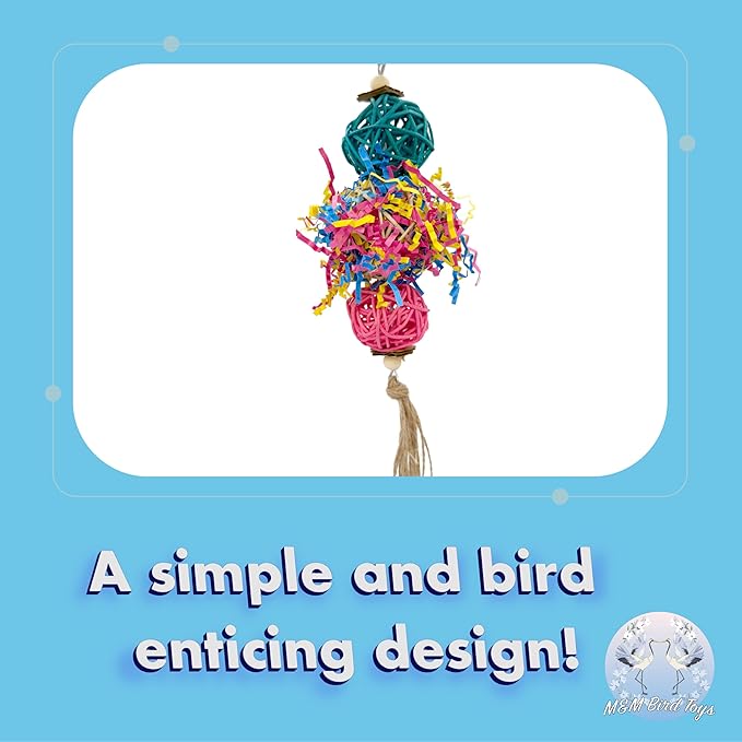 1701 Rainbow Rattan Bird Toy with Jute and Crinkle Paper – Shredding and Foraging Fun for Parakeets, Cockatiels, Conures, and Small Parrots – Natural Bird-Safe Toy for Cage Enrichment