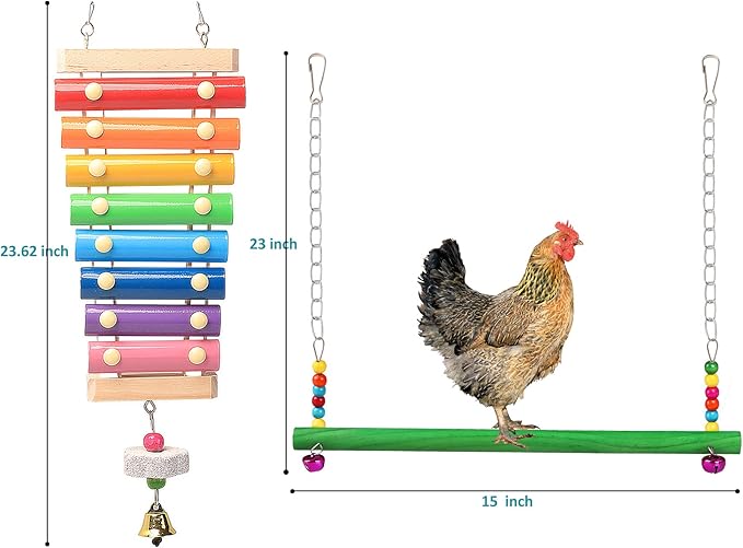 Chicken Toys for Coop 9PCS Set, KAKUNM Chicken Enrichment Toys, Including Xylophone, Swing, Chicken Mirror, Chicken Flexible Ladder, Vegetable String Bag and Hanging Feeder Coop Toy Accessories