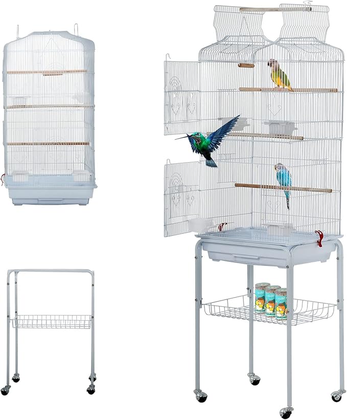 BestPet 64 inch Wrought Iron Bird Cage for Parakeets Medium Small Parrots Parakeet Cage with Detachable Rolling Stand & Play Open Top for Cockatiels Lovebird Finches Canaries,White