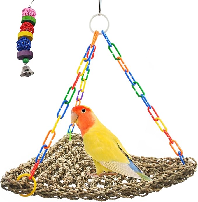 Seagrass Swing for Birds,Bird Seagrass Mat Hammock Edible Triangle Natural Woven Parakeet Swing Toys with Hooks Chewing Climbing for Parrot Budgies Lovebird Canary Cockatiel Finch Cockatoos