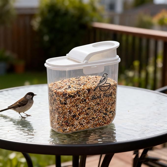 Bird Seed Storage Container, Airtight 2L/4.5Lbs Bird Food Container with Scale & Pour Spout, Portable Bird Food Holder to Keep Food Fresh|BPA-Free-White