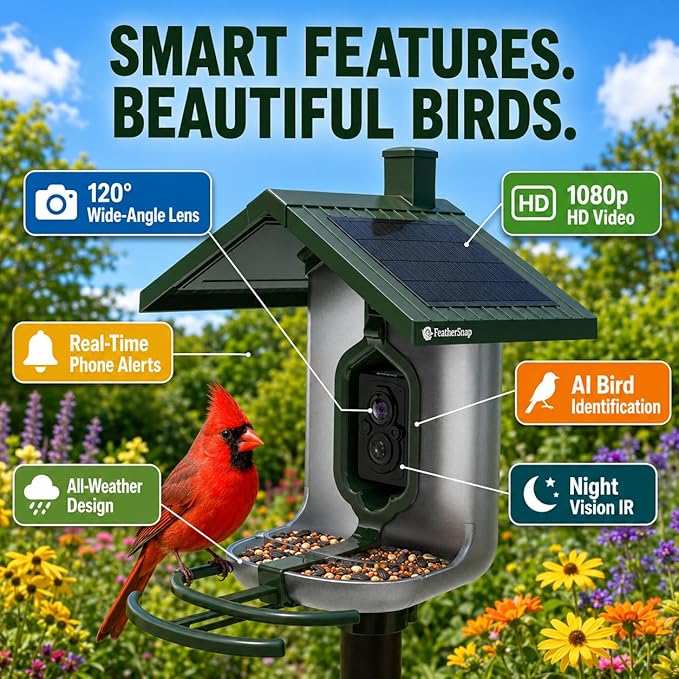 FeatherSnap Smart Bird Feeder with Camera – Solar Powered, AI Bird ID, 1080p HD Night Vision – Pole, 2 Seed Bags, 32GB SD Card & Cleaning Cloth