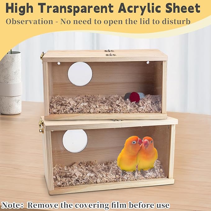 PINVNBY Parakeet Nesting Box, Detachable Board Acrylic Bird House for Cage with Coconut Fiber, Natural Wood Breeding Box for Cockatiel Budgie Lovebirds Conure Finch Parrot (M: 9.8 * 5.3 * 5.3 inch)
