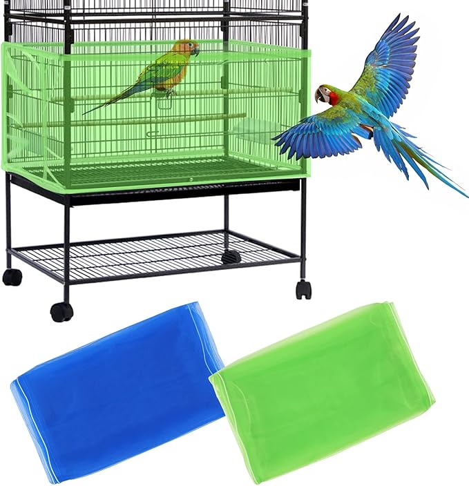 Daoeny 2Pcs Large Bird Cage Cover, Bird Cage Seed Catcher, Adjustable Soft Airy Nylon Mesh Net, Birdcage Cover Skirt Seed Guard for Parrot Parakeet Macaw African Round Square Cages (Blue + Green)