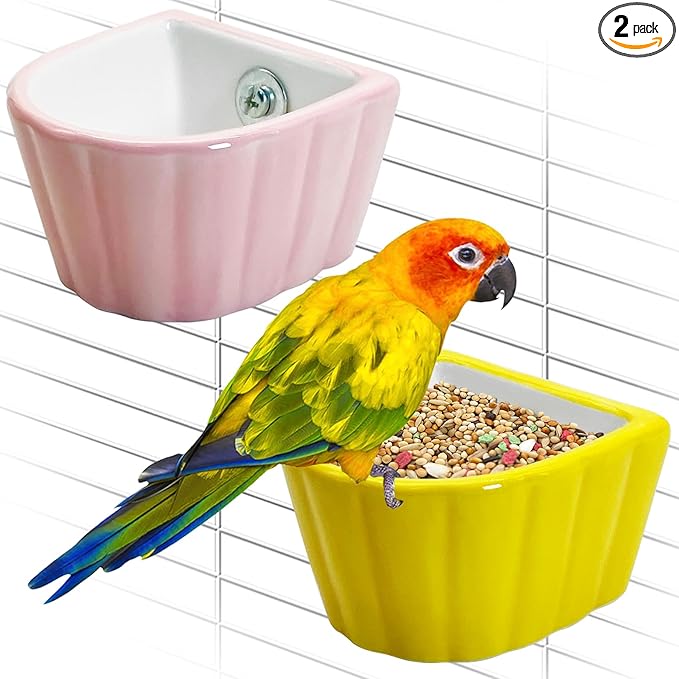 Tfwadmx 2 Pcs Bird Cage Feeder Ceramic Pet Bird Bowls Parrot Feeding Dish Hanging Parrot Food Bowl for Budgie Finches Lovebirds Parakeet Cockatiels (Yellow & Pink)