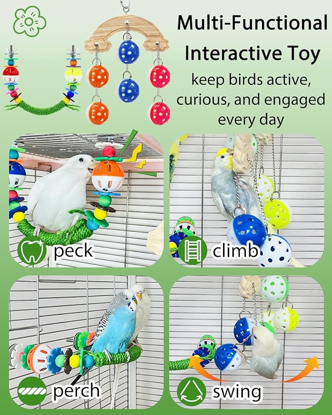 2Pcs Bird Toys with Bells Sounds for Beak Grinding, Sisal-Wrapped U Shaped Bird Perches for Cage, Budgie Toys Ball for Boredom, Interactive Lovebird Parakeet Toys Bell Accessories Chewing for Parrots