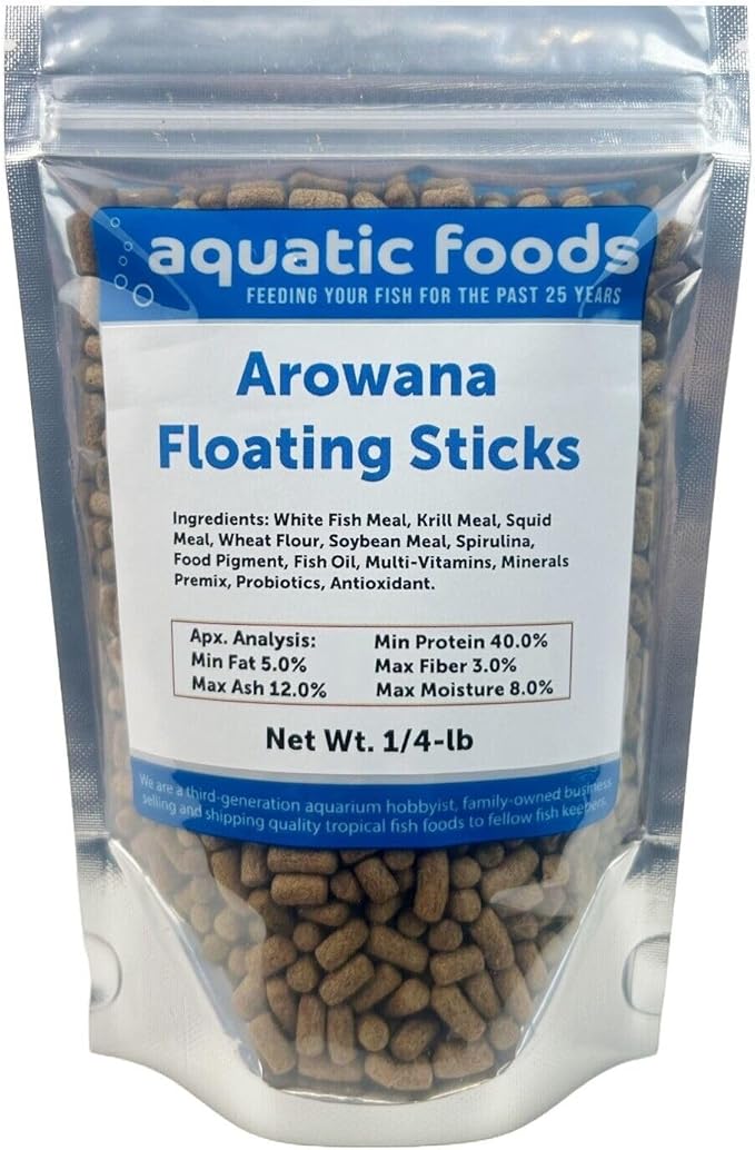Arowana 3/16" x 3/8" 40% Protein Floating Sticks for Arowana, Oscars, Flower Horns, Red Parrots All Central and South American Cichlids...WL…1/4-lb Foil Pouch Bag