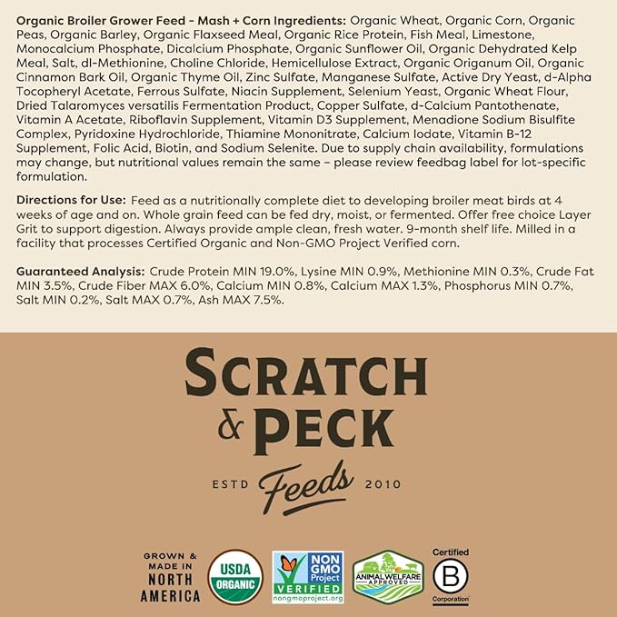 Scratch and Peck Whole Grain Grower Mash Broiler Chicken Feed - 40 lbs Bag - Soy-Free - 19% Protein, Certified Organic and Non-GMO Project Verified Chicken Food