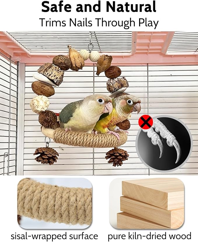 2Pcs Natural Bird Chew Toys, Wood Parakeet Swing Toys with Sisal Wrap for Claw Grinding, Hanging Safe Chew Toys for Parrot Beak Care, Multi-Play Design Cockatiel Toys for Budgie Conure Keeps Busy