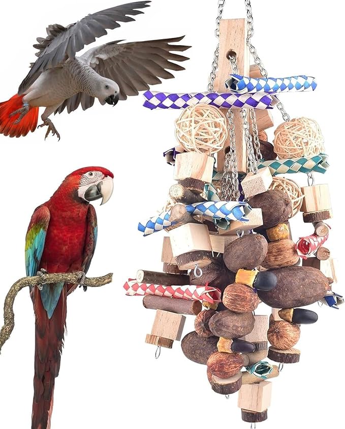 Bissap Large Parrot Chew Toys, 20.8in Bird Parrot Hanging Bite Wooden Blocks Cage Fun Toy for Macaw African Greys Cockatoo Eclectus Budgies Parakeet Cockatiel ect Large Medium Birds